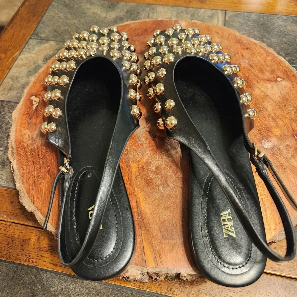 Zara Studded Gold On Black Leather Flat Slingback Sandals Sz 9 Bloggers Fave Pic - Picture 4 of 10